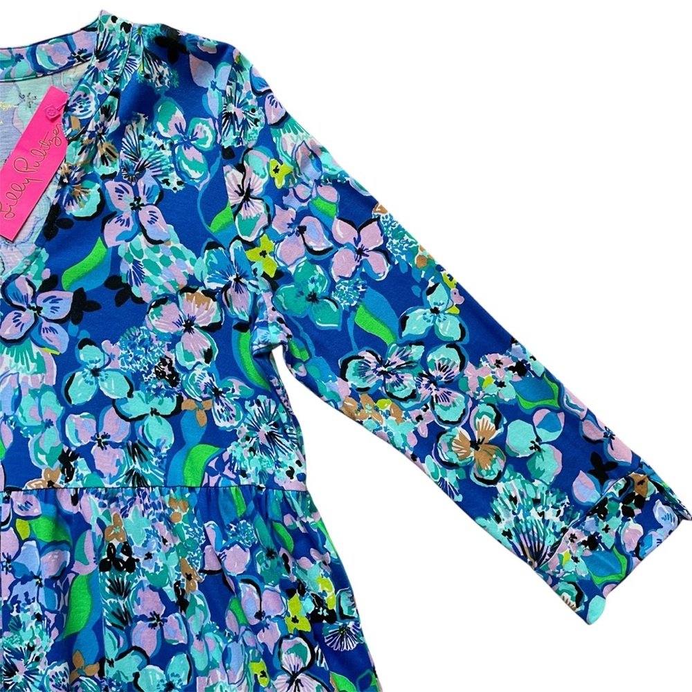 đź’™Lilly Pulitzer Alaina 3/4 Sleeve Tiered Swing Dress Blue Grotto Twilight Tropic - Picture 7 of 15